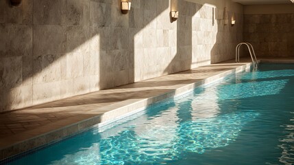 Sunlight casts geometric shadows across a tranquil indoor swimming pool.