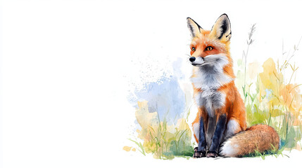 Obraz premium Watercolor portrait of fox sitting gracefully in natural setting, surrounded by soft colors and gentle brush strokes, evokes sense of tranquility