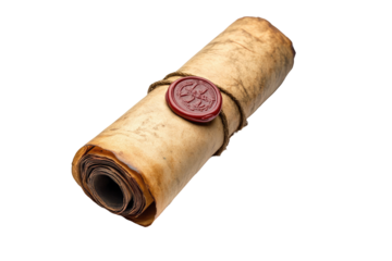 Rolled parchment scroll sealed with red wax and thin twine, on black