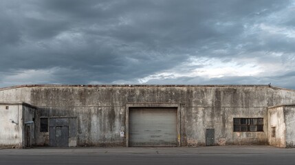 Fototapeta premium flat roof warehouse, industrial zone, aged concrete texture, cloudy sky, realistic lighting, Nikon D850 photo 