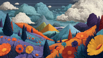 Vibrant Landscape with Stylized Mountains and Floral Patterns.