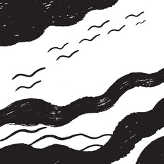 Modern Abstract Ink Texture with Wavy Lines and Sky Elements