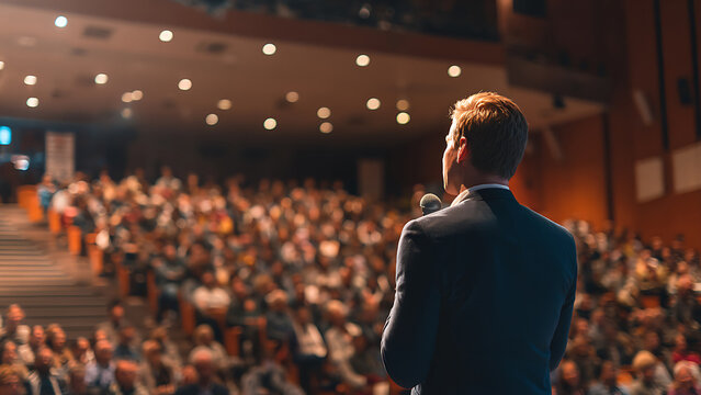 Male speaker with microphone addressing a large, blurred audience in a dimly lit conference hall, seen from behind.
