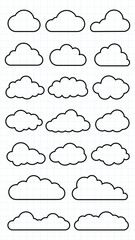 Obraz premium Grid paper with 18 cloud outlines. Various cloud shapes on grid. Cloud designs on grid paper. Simple cloud outlines for design on grid. Weather illustration, vector set.