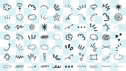 Doodle set with clouds, arrows, and stars. Various doodles like clouds, arrows, and stars on a checkered background. Fun and playful doodles for creative projects. Black hand drawn elements, vectors.