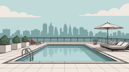 A rooftop pool with lounge chairs and umbrella overlooking a city skyline on a sunny day view art