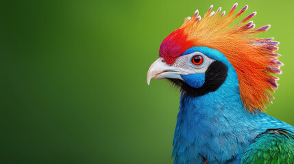 Fototapeta premium Vibrant close up of colorful bird with striking crest, showcasing vivid blue, orange, and red feathers against soft green background