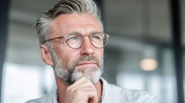 A man with gray hair and glasses is seated in a bright office looking thoughtfully out a window. His expression shows deep contemplation and focus on his thoughts.