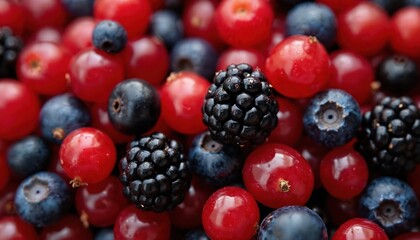 Assorted mix of fresh juicy berries. Blueberries, cranberries, blackberries, red currants. Freshness and health in one frame. Variety of colorful ripe fruits for eating or making desserts.