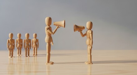 Articulated mannequins conveying message through megaphones in a communication exchange with