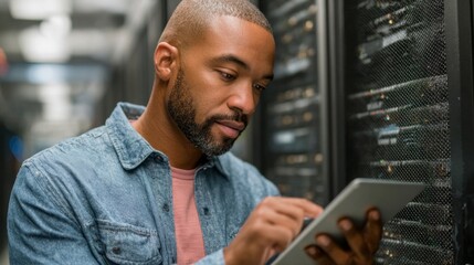 IT professional working on tablet in server room during day