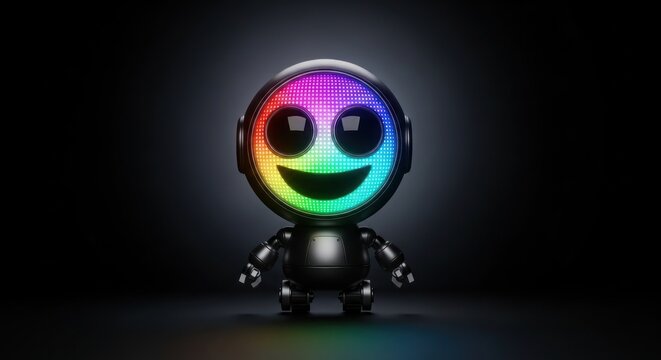 Illustrative digital robot character with a rainbow colored smiley face design concept