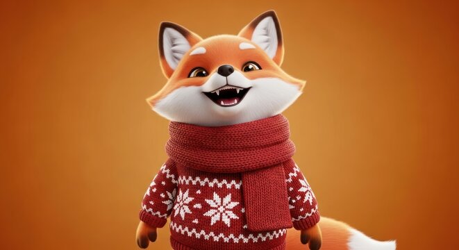 Festive fox character wearing a cozy sweater and scarf on an orange background - Powered by Adobe