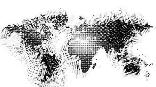 Halftone world map with dot pattern, dotted globe continents graphic, black and white Earth planet, global geography elements, digital simple travel infographics. Vector isolated concept Stock Vector