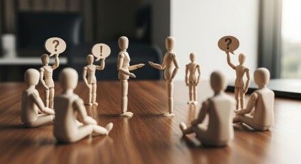 Representation of group discussion with wooden mannequins and speech bubbles for conceptual