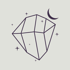 Minimal Geometric Crystal with Crescent Moon and Stars | Modern Mystic Line Art Illustration | Linear style Jewelry - DIAMONDS AND CRYSTALS vector templates | Gemstone outline illustration | Crystals