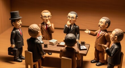 Miniature figurine business executives meeting, discussing financial matters and future strategies