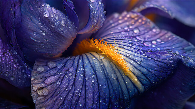 Vibrant Purple Iris Petals Adorned with Sparkling Dew Drops and Golden Stamen, Macro Shot.