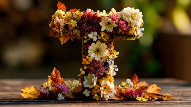 Autumnal letter decorated with flowers and leaves sits on wood.