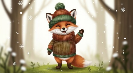 Charming Cartoon Fox Character Waving in a Snowy Winter Forest Landscape Artwork