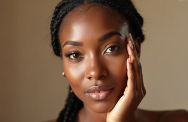 Beautiful black middle-aged woman with flawless skin touching face, looking at camera. Mature lady with braided hair applying skincare cream. Female with dark brown skin enjoying beauty treatment in