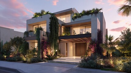 Fototapeta premium luxury villa with flat rooftop and rooftop garden, sunset lighting, photorealism, captured with Canon EOS R5, architectural photography