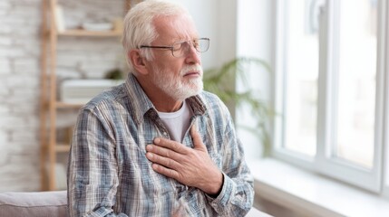 An older man sits on a couch in a bright room holding his chest with a concerned expression. He appears to be feeling unwell indicating discomfort.