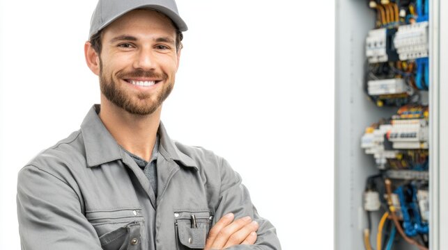 A young electrician smiles while standing next to a control panel. He wears a grey uniform and a cap displaying professionalism and confidence in his work.