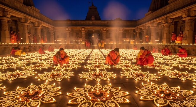 Illuminated courtyard with floral candle patterns women lighting lamps temple architecture backdrop