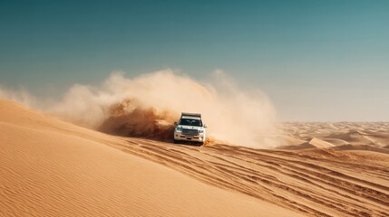 A rugged off-road vehicle speeds across a sandy desert landscape kicking up clouds of dust in the bright sunlight. The vastness of the desert stretches into the distance.