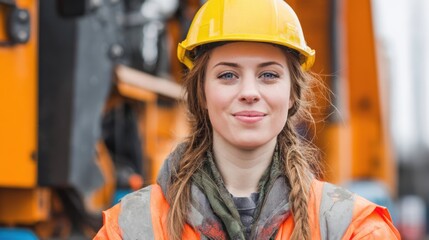 A woman in a bright orange safety jacket and yellow hard hat stands proudly at a construction site. She has a friendly smile and braided hair showcasing her confidence in the field.