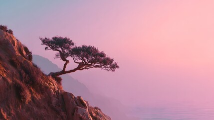 A lone tree clings to a rocky cliff overlooking the ocean at dawn.