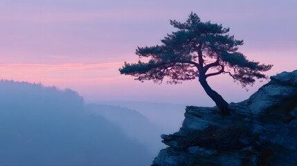 Lone tree clings to cliff edge under a soft pink and purple dawn sky.