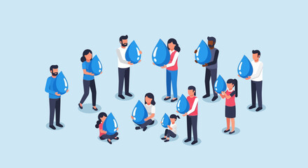 A diverse group of people holding large blue water droplet icons, symbolizing water conservation and environmental awareness.