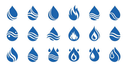 A collection of blue water droplet icons and symbols, some incorporating waves and one featuring flames.