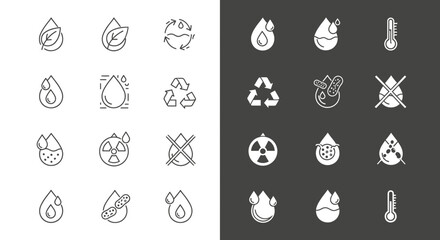 Collection of environmental icons depicting water drops, recycling symbols, temperature gauges, and pollution warnings in a minimalist line art style.