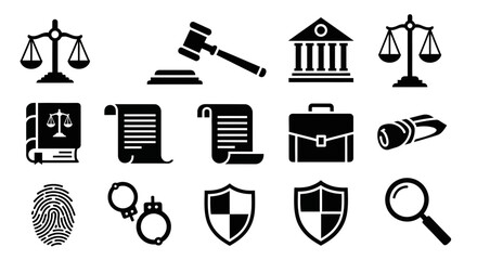 A collection of black and white vector icons representing law, justice, and legal concepts.