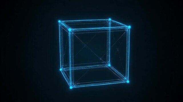 Futuristic glowing blue wireframe cube with digital connections on a dark background