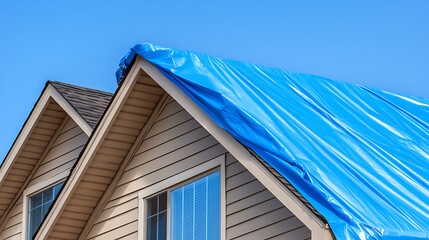 House roof covered with a large blue tarp following storm damage against clear blue sky. Protecting the structure from further weather exposure.