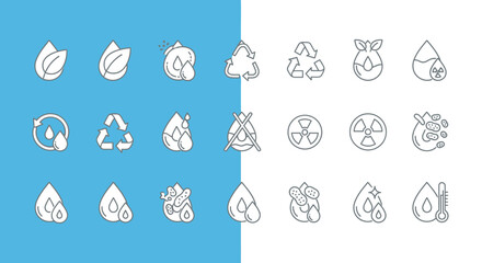 A collection of outlined icons representing environmental themes, including recycling, water, pollution, and plant life, set against a split blue and white background.