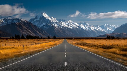 Straight highway leads to snow-capped mountain range under blue sky.