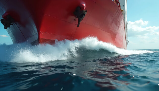Huge red ship sails in ocean creating splash and waves. Cargo vessel transports overseas. Sea shipment maritime business voyage with shipping transport commercial distribution at ocean voyage.