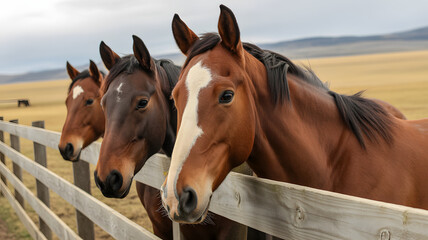 Obraz premium Beautiful chestnut horses resting on fence, a serene ranch scene for equine lovers and nature enthusiasts