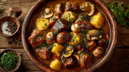 Buckwheat porridge with pieces of meat and mushrooms on a dark wooden background. Top view.