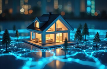 Miniature illuminated model house connected to smart network. Conceptual image represents smart home tech, automation, modern digital living. Future residential property building design, architecture
