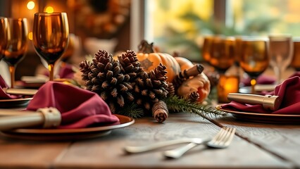 A rustic wooden table setting with burgundy napkins and a pinecone centerpiece, glowing warmly.
