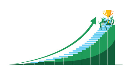 Ascending Staircase Illustration with Figures Celebrating Success and Trophy, Symbolizing Growth and Achievement