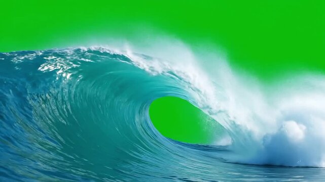 Powerful ocean wave cresting with spray against a vibrant green background