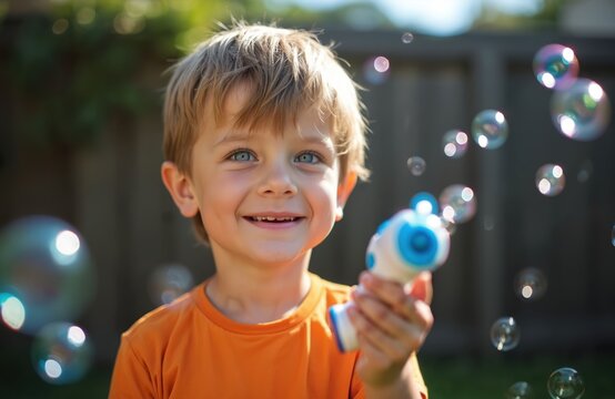 Cute little boy holds bubble gun and blows bubbles on a sunny day in the backyard. Happy child plays with soap bubbles outside. Boy in orange t-shirt enjoys outdoor playtime on a warm day.