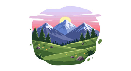 Vibrant mountain landscape illustration showcasing lush meadows and majestic peaks under a pastel © since 1